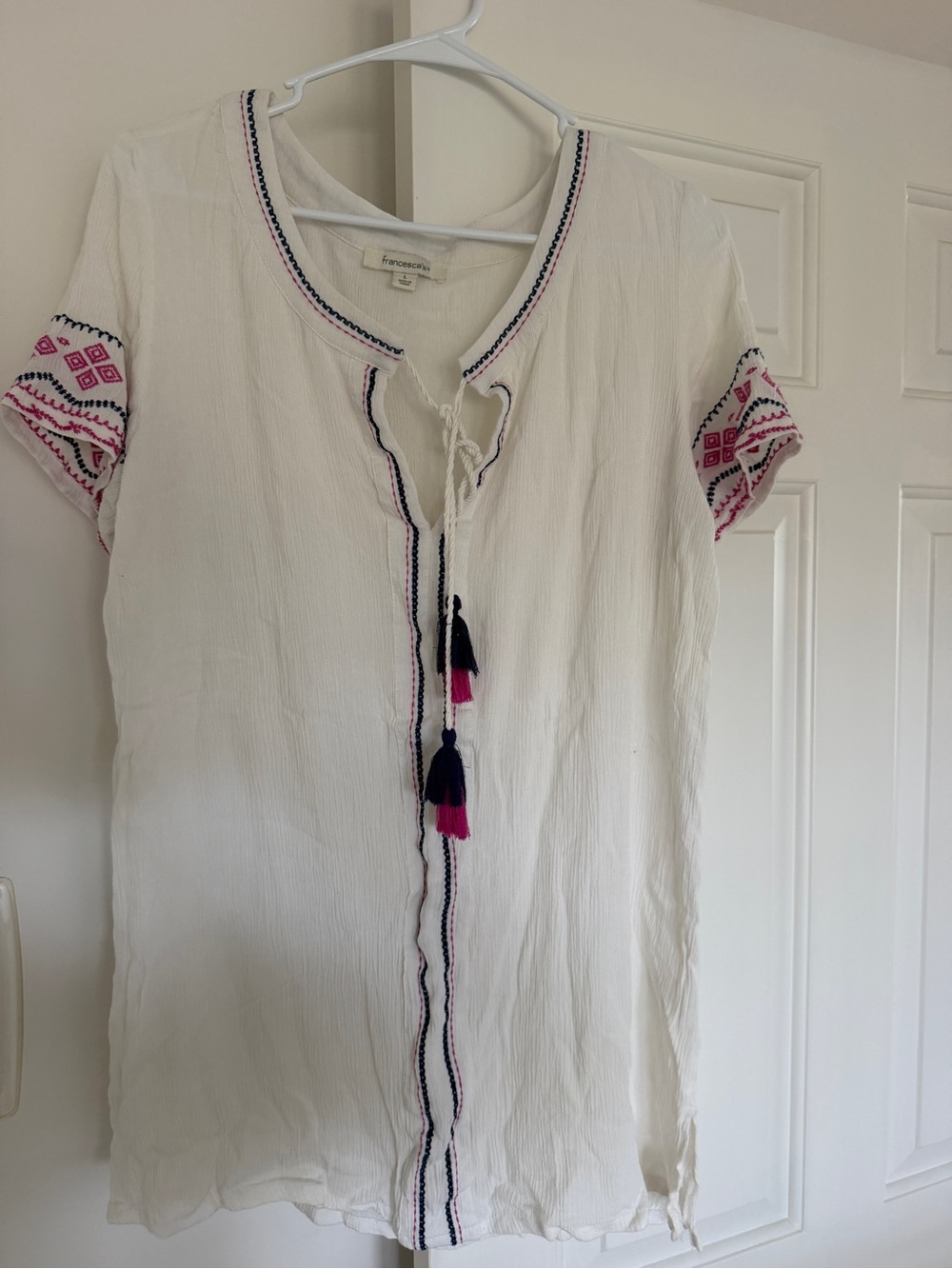 Francesca’s White Embroidered Tassel swim cover up - Pink & Navy Accents